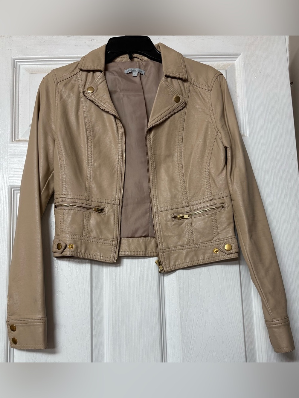 Charlotte Russe Beige faux Leather Moto Jacket with Gold Hardware